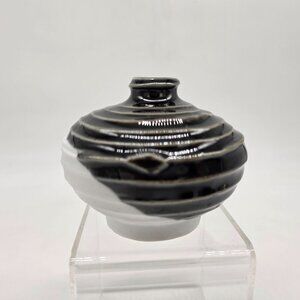 Vintage Japanese Black & White Rippled Ceramic Vase Drip Glaze Signed 3.25"